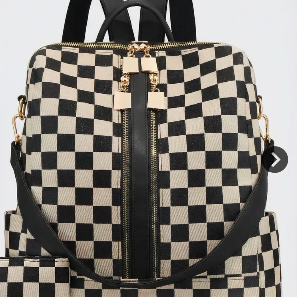 Checkerboard Canvas Backpack - Black and Cream with cherry charm and bunny